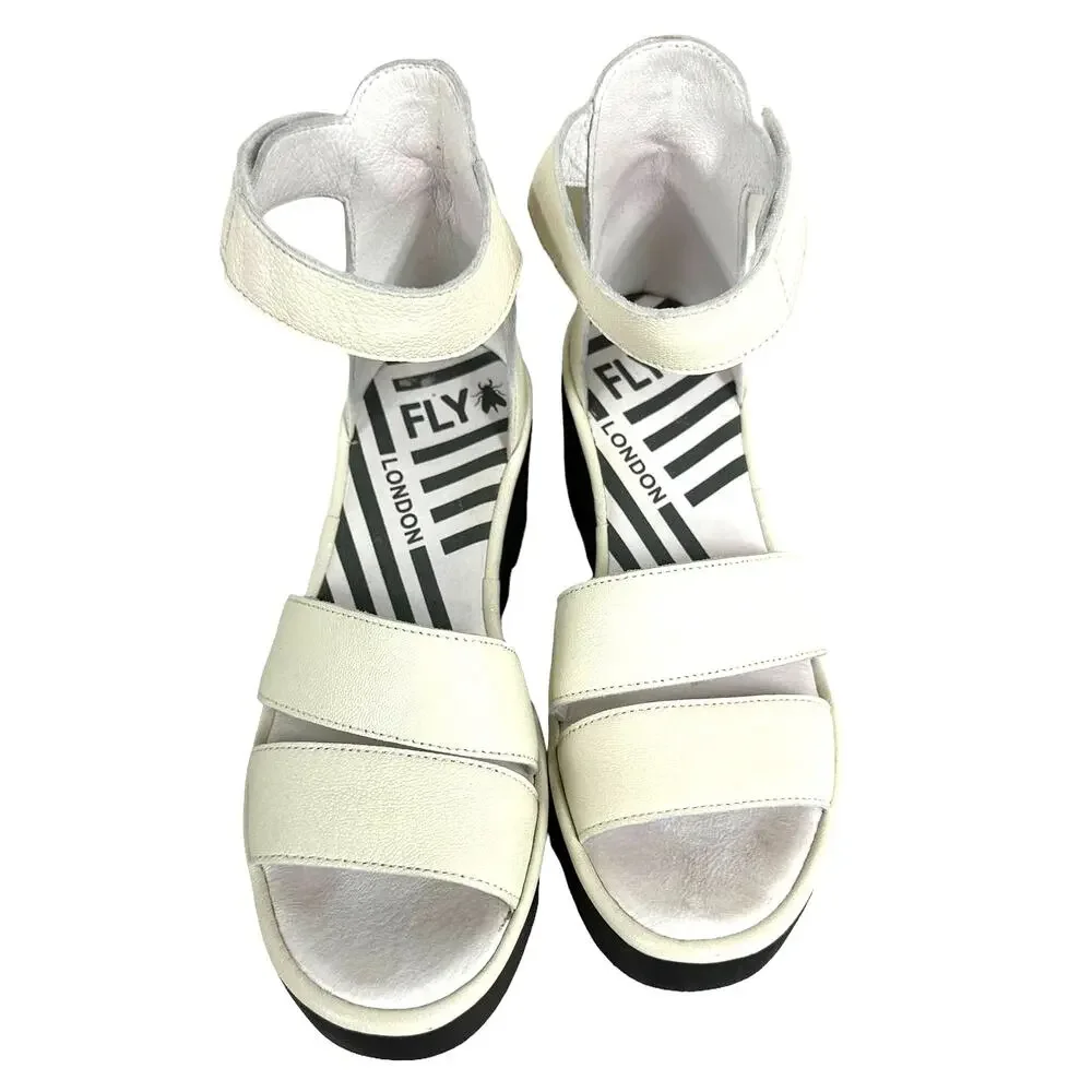 Fly London BONO290FLY Ankle Strap Wedge Sandal Off White Mousse Size 38 (US7.5)
